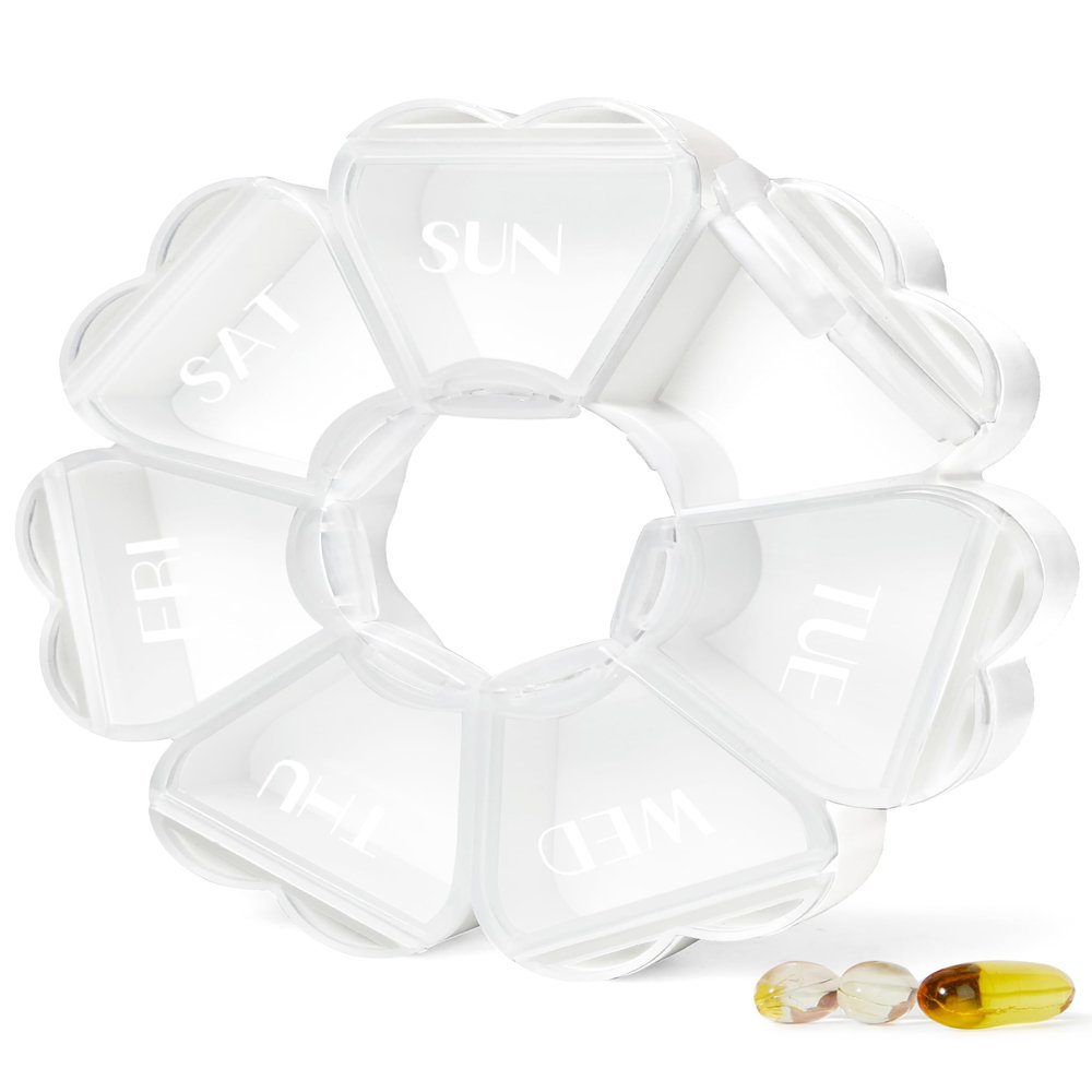 MOLN HYMY Large Weekly Pill Box 7 Day, Cute Pill Case Organizer 1 time a Day, Floral Pill Container Once Daily, Pretty Medicine Dispenser for Vitamin/Fish Oil/Medication/Supplements (Clear White)