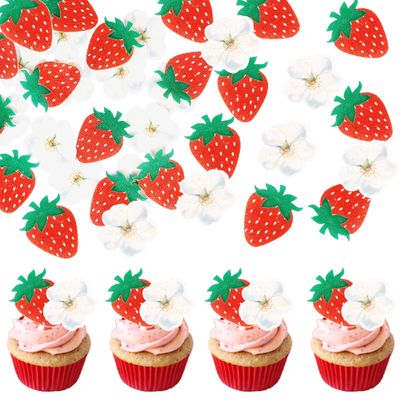 Rsstarxi 60 Pack Edible Strawberry Cupcake Toppers Rice Paper Red Strawberry with Flower Cupcake Picks for Baby Shower Kids Birthday Party Cake Decorations Supplies