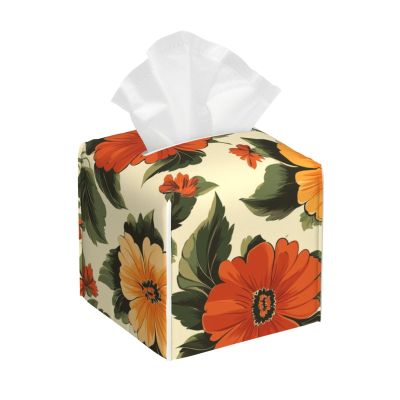 1970s Flower Retro Tissue Box Cover Square Pu Leather Waterproof Tissue Box Holder for Car Bathroom Bedroom Office Tabletop Decor