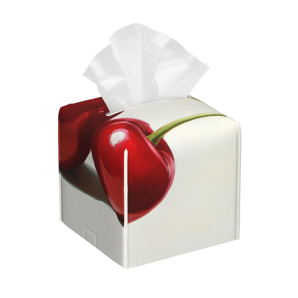 2 Fresh Cherries Tissue Box Cover Square Pu Leather Waterproof Tissue Box Holder for Car Bathroom Bedroom Office Tabletop Decor