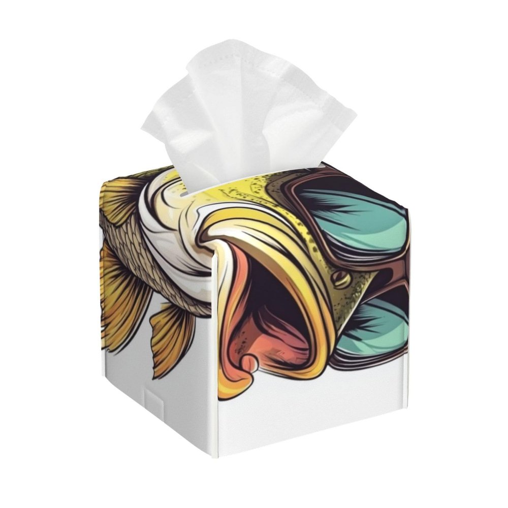 Bass Fish Wearing Camo Ball Cap Tissue Box Cover Square Pu Leather Waterproof Tissue Box Holder for Car Bathroom Bedroom Office Tabletop Decor