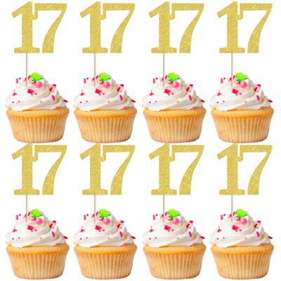 Rsstarxi 36 Pack Number 17 Cupcake Toppers Gold Glitter Cheers to 17 Years Birthday Cupcake Picks Decoration for Happy 17th Birthday Wedding Anniversary Party Cake Decorations