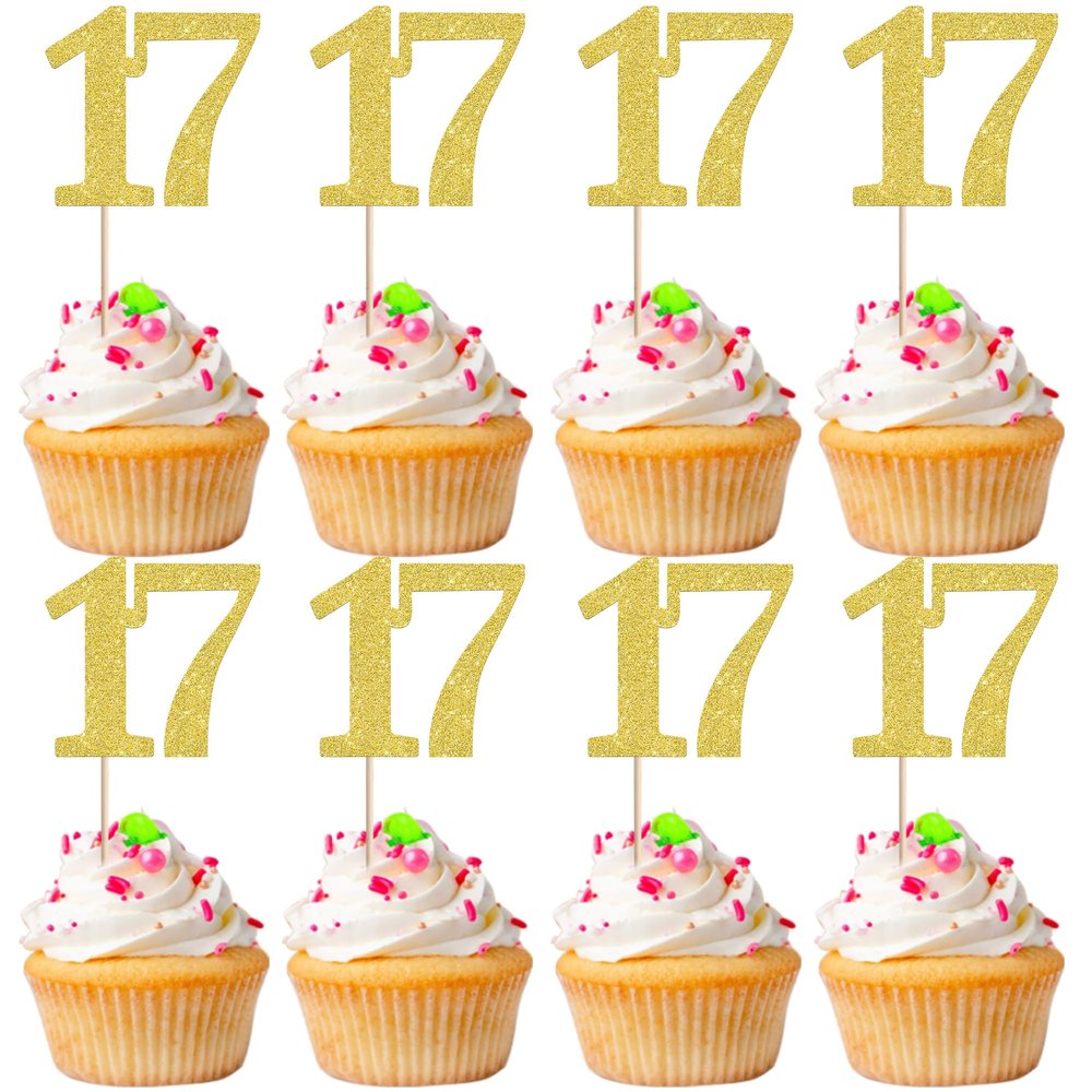 Rsstarxi 36 Pack Number 17 Cupcake Toppers Gold Glitter Cheers to 17 Years Birthday Cupcake Picks Decoration for Happy 17th Birthday Wedding Anniversary Party Cake Decorations