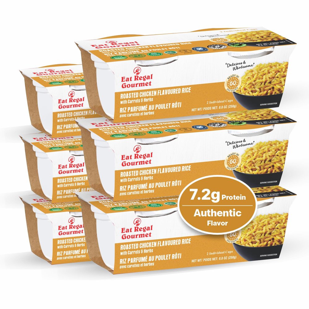 Eat Regal Gourmet Ready to Eat Roasted Chicken Flavoured Rice Cups, 7.2g Protein per Sleeve, 1 Minute Microwave Rice, Authentic Savory Flavor, BPA-Free Cups, Pack of 6 Sleeves (12 Cups), 8.8 oz per Sleeve