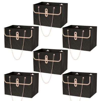 baotongle 6pcs Flower Paper Gift Box Bouquet Storage Bucket Handbag with Metal Chain Flower Boxes for Arrangements Wedding Valentine's Mother's Day Birthday Bridal Shower Black