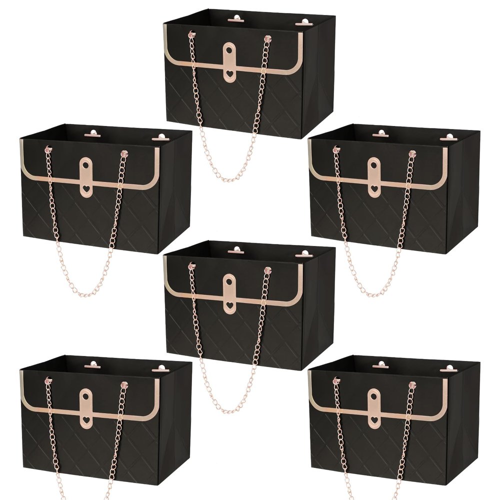 baotongle 6pcs Flower Paper Gift Box Bouquet Storage Bucket Handbag with Metal Chain Flower Boxes for Arrangements Wedding Valentine's Mother's Day Birthday Bridal Shower Black