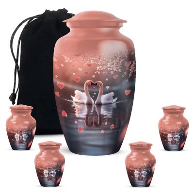 KARYLIZ Swan Urns for Ashes Combo of 5 10 Inch Funeral Urn for Adult Men & Women and 3 Inch Peach Mini Keepsake Urns for Burial Memorial Cremation Ash Container for Human Remains