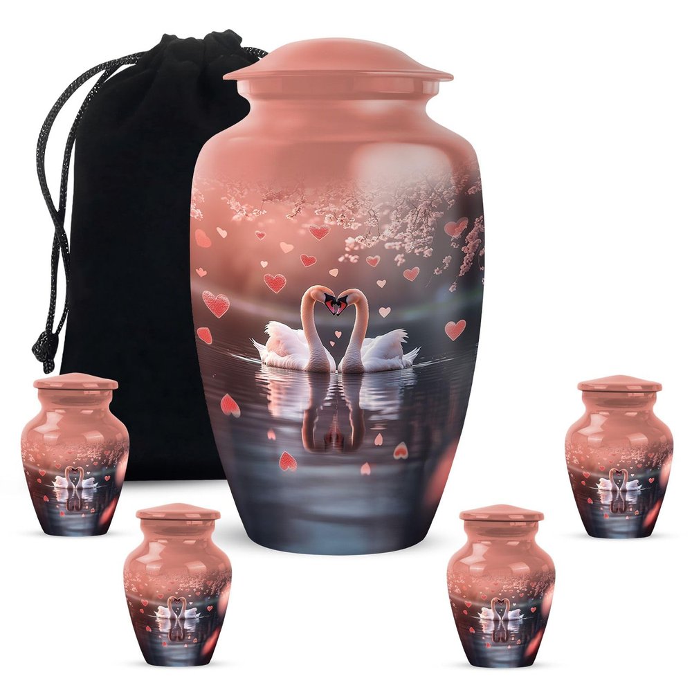 KARYLIZ Swan Urns for Ashes Combo of 5 10 Inch Funeral Urn for Adult Men & Women and 3 Inch Peach Mini Keepsake Urns for Burial Memorial Cremation Ash Container for Human Remains