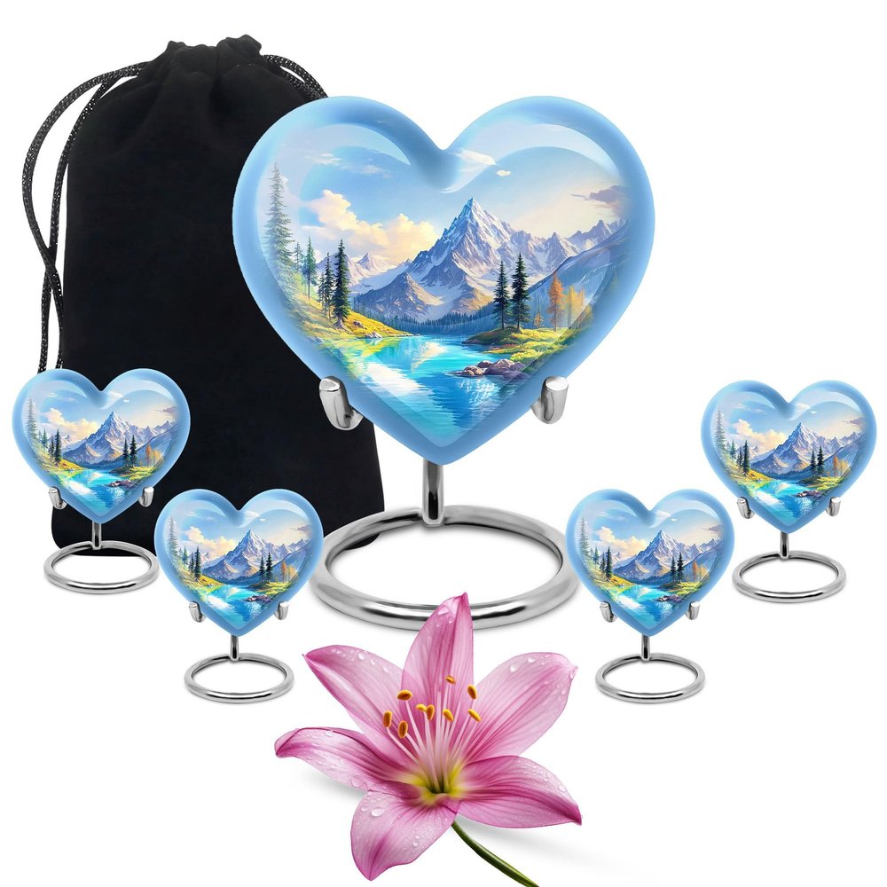 KARYLIZ Blue Mountain Urns for Ashes Combo of 5 8 Inch Heart Memorial Urn for Dad, Mom & Adults and 3 Inch Mini Keepsake Ash Holders for Male & Female Funeral Cremation Burial Container Set