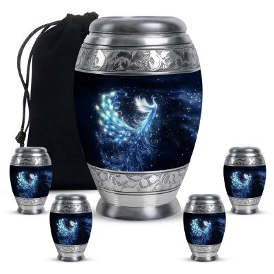 KARYLIZ Blue Peacock Urns for Ashes Combo of 5 10 Inch Funeral Urn for Dad & Adult Male and 3 Inch Mini Keepsake Urns for Women & Loved Ones Memorial Cremation Burial Ash Holder Set