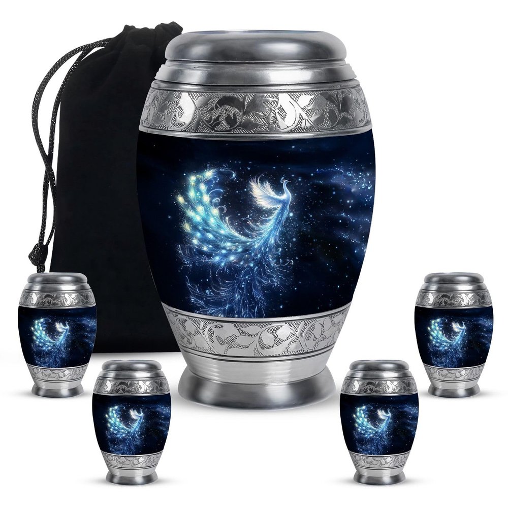 KARYLIZ Blue Peacock Urns for Ashes Combo of 5 10 Inch Funeral Urn for Dad & Adult Male and 3 Inch Mini Keepsake Urns for Women & Loved Ones Memorial Cremation Burial Ash Holder Set