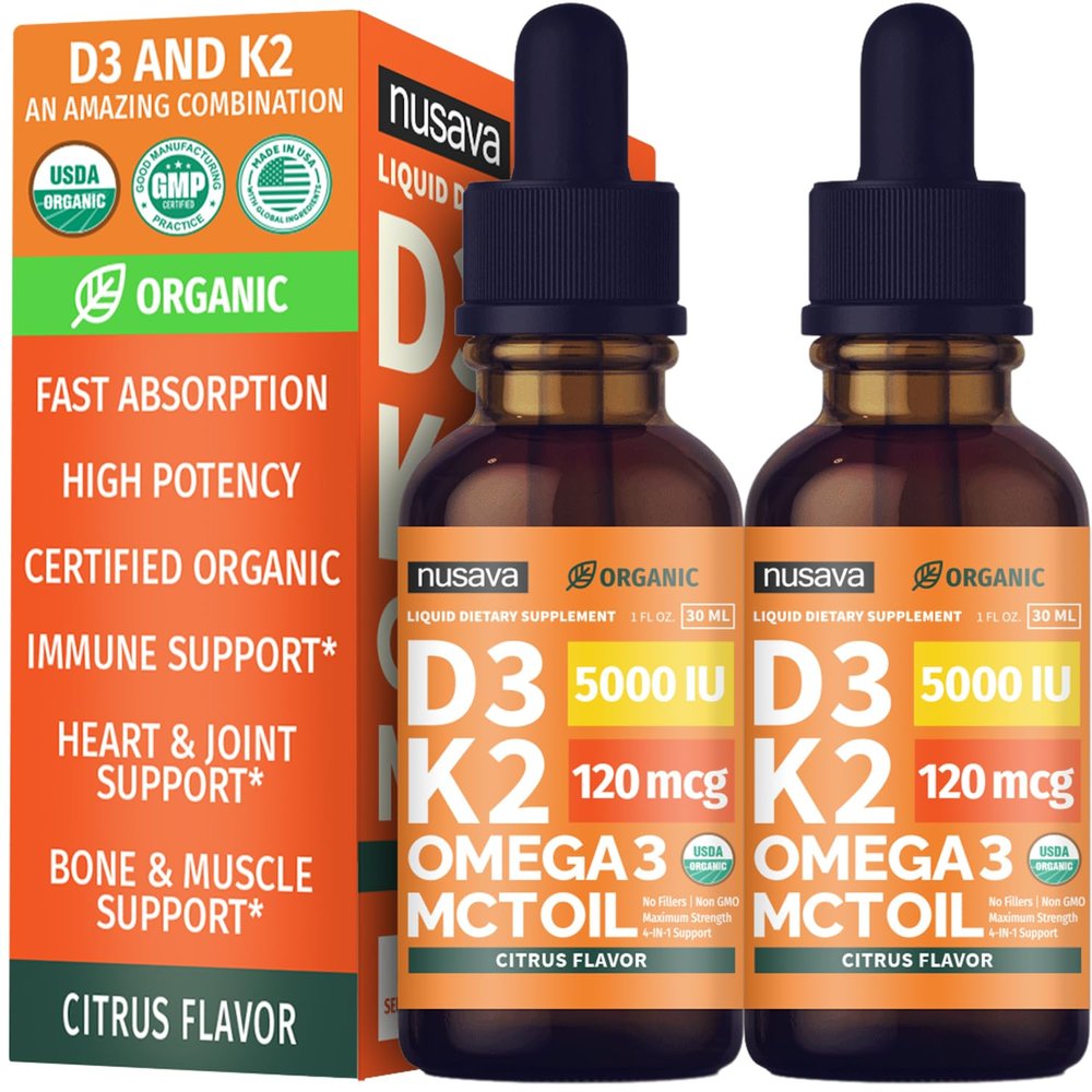 (2 Pack) Organic Vitamin D3 K2 Drops with MCT Oil & Omega 3 - Liquid Vitamin D3 5000 IU - K2 D3 Vitamin Supplement - Vitamin D Drops for Women & Men - No Fillers, Non-GMO, GMP, Citrus Flavor (2 Fl Oz)