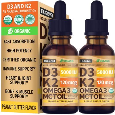 (2 Pack) Organic Vitamin D3 K2 Drops with MCT Oil & Omega 3 - Liquid Vitamin D3 5000 IU - K2 D3 Vitamin Supplement - Vitamin D Drops for Women & Men - No Fillers, Non-GMO, GMP, Peanut Butter (2 Fl Oz)