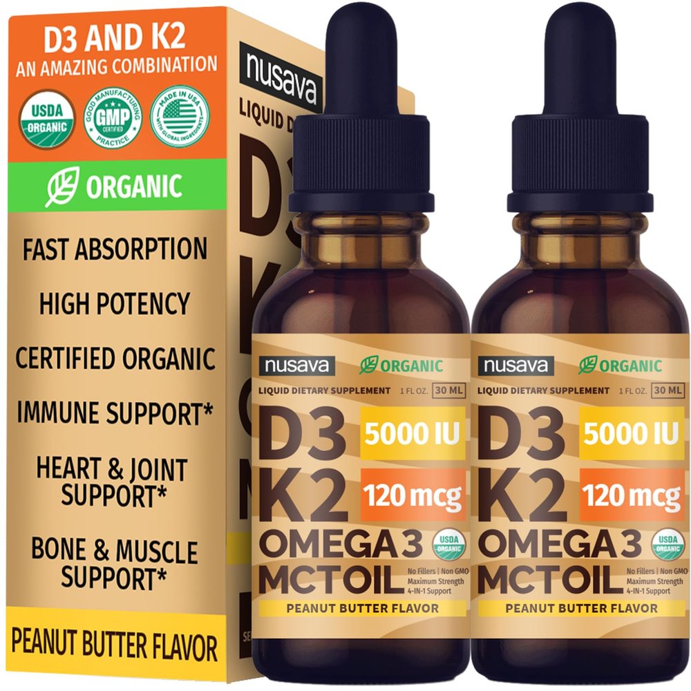 (2 Pack) Organic Vitamin D3 K2 Drops with MCT Oil & Omega 3 - Liquid Vitamin D3 5000 IU - K2 D3 Vitamin Supplement - Vitamin D Drops for Women & Men - No Fillers, Non-GMO, GMP, Peanut Butter (2 Fl Oz)