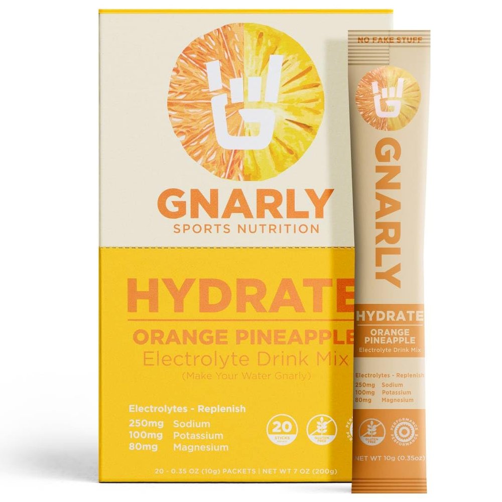 Gnarly Hydrate Electrolyte Drink Mix Orange Pineapple Flavor, 20 Stick Packs Balanced Electrolyte Blend for Hydration & Active Lifestyles