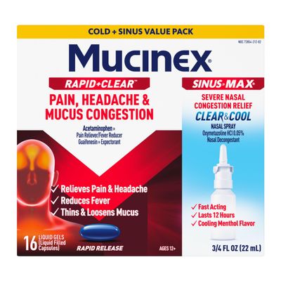 Mucinex Rapid+Clear Pain, Headache, & Mucus Congestion (16 Liquid Gels) + Sinus Pressure Relief Nasal Spray (0.75 oz), Over-the-Counter Medication Combo Pack for Multi-Symptom Relief