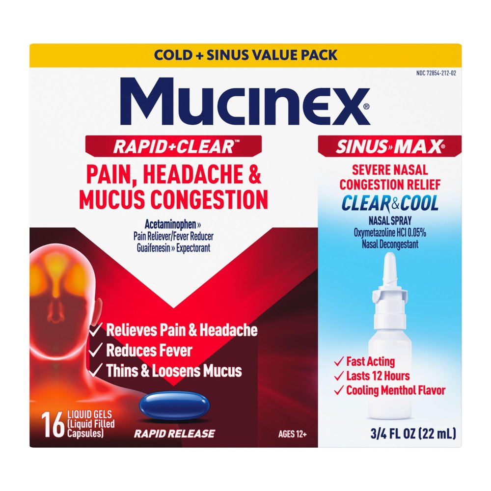 Mucinex Rapid+Clear Pain, Headache, & Mucus Congestion (16 Liquid Gels) + Sinus Pressure Relief Nasal Spray (0.75 oz), Over-the-Counter Medication Combo Pack for Multi-Symptom Relief