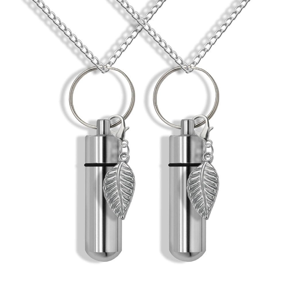 Set of 2 Silver Cremation Urn&Vial on 24"-Chain Necklace with Leaf,Memorial Urn,Leaf Memory Jewelry,Leaf Cremation Necklace