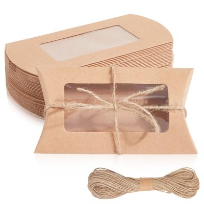 Beebeecraft 30Pcs Paper Pillow Boxes Burlywood Kraft Party Pillow Favors Cardboard Candy Box Candy Treat Gift with Clear Window and Jute Twines for Wedding Birthday Halloween Christmas Party Supplies