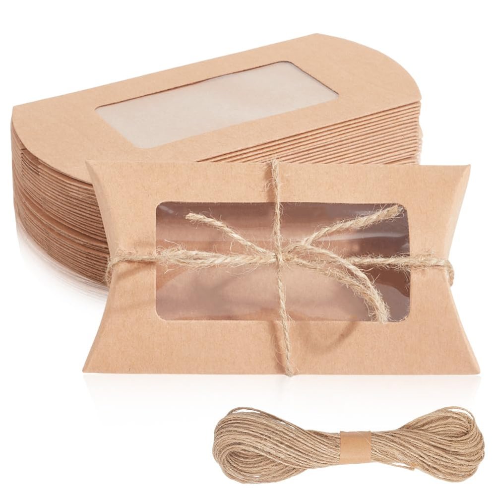 Beebeecraft 30Pcs Paper Pillow Boxes Burlywood Kraft Party Pillow Favors Cardboard Candy Box Candy Treat Gift with Clear Window and Jute Twines for Wedding Birthday Halloween Christmas Party Supplies