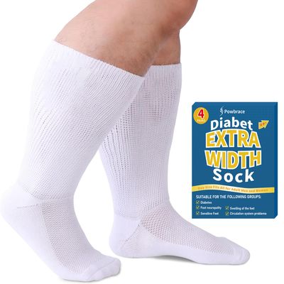 Powbrace 4 Pairs Wide Diabetic Socks for Men Women Plus Size, White