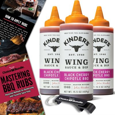 Kinders Black Cherry Chipotle BBQ Wing Sauce & Dip 3 Pk (46.5 oz) Great to Dip Toss Glaze & More + Barbecue Masters & Bottle Opener (5 Items)!