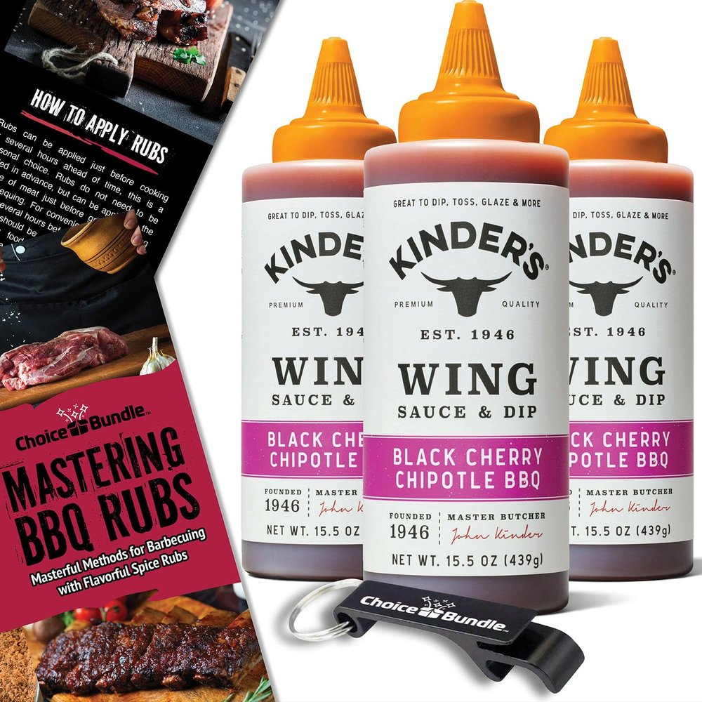 Kinders Black Cherry Chipotle BBQ Wing Sauce & Dip 3 Pk (46.5 oz) Great to Dip Toss Glaze & More + Barbecue Masters & Bottle Opener (5 Items)!