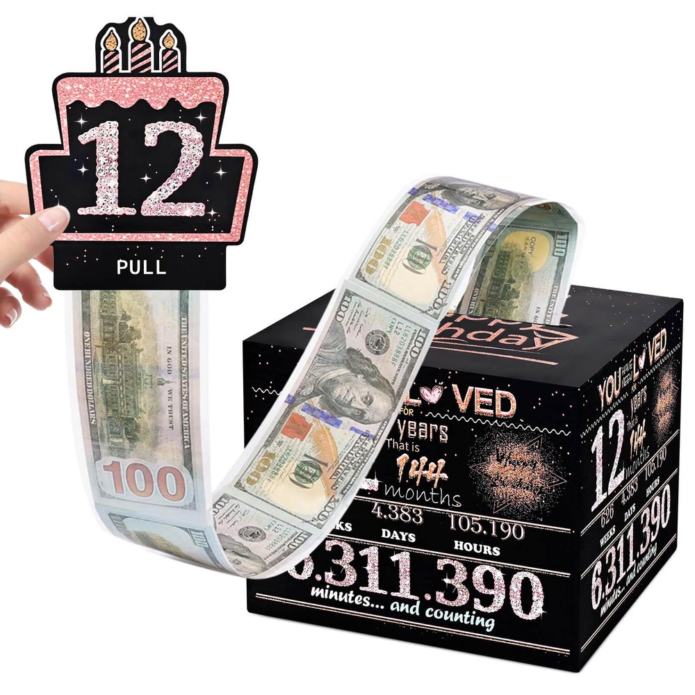 TOYEISHI Money Gift Box, 12th Birthday Decorations For Girls, Birthday Gift For 12 Year Old Girl with 100Pcs Transparent Bags - Black & Rose Gold