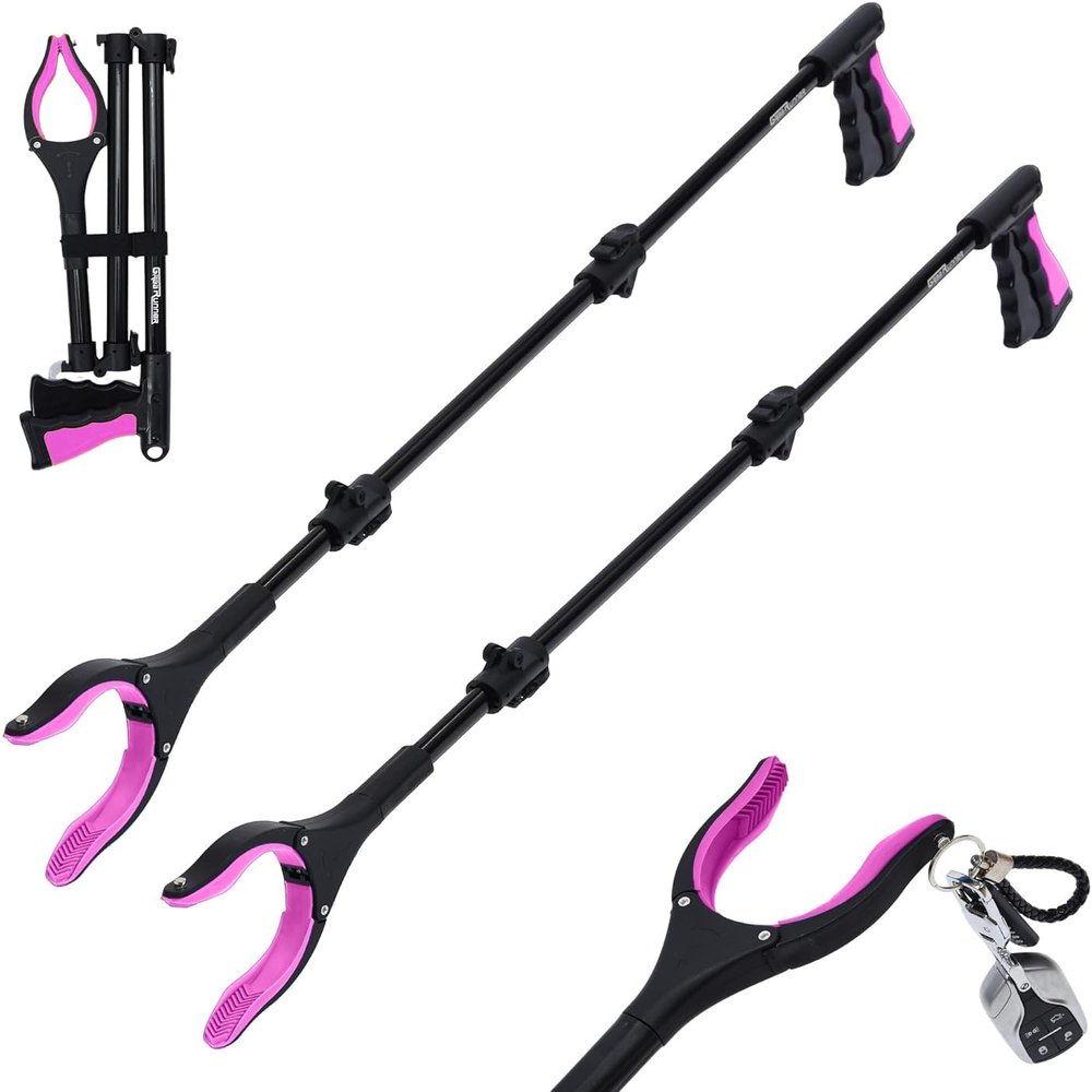 38" Extra Long Grabber Reacher Tool 2 Pack Foldable Reacher Grabber Pickup Tools with 360 Rotating Jaw & Magnet - Heavy Duty Pick Up Grabbers for Seniors, Trash, Surgery Recovery (Pink Pink)
