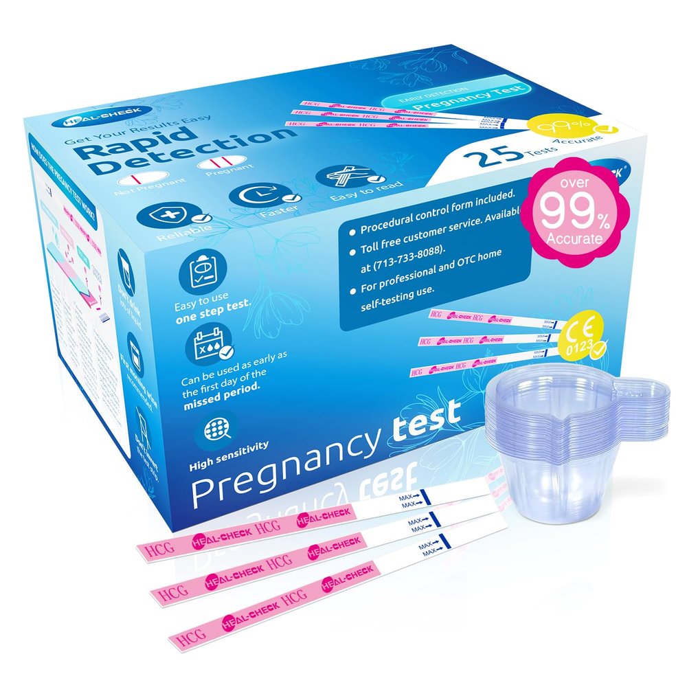 HEAL-CHECK 100 Count Pregnancy Tests with Cups, Bulk Pregnancy Test Strips for Detection at Home, Over 99% Accuracy, Individually Wrapped Fertility Tests, Extra-Wide 5mm HCG Tests, Pruebas De Embarazo
