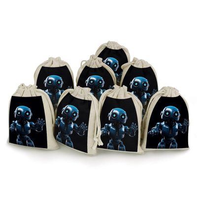 FZMVSQH Blue Robot 8 PCS Cotton Drawstring Bags Reusable Muslin Bags Natural Cotton Bag with Drawstring Small Jewelry Pouch for Party Wedding Fabric Gift Bag for Spice Herb Candy Soap