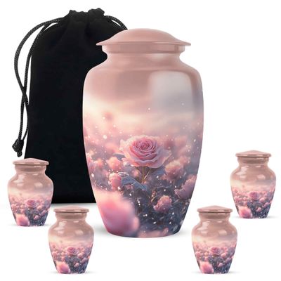 YATHABHISA Rose Cremation Urns for Ashes, Memorial Gift for Brother & Sister, Funeral Urn Humming Bird for Adult Human Ash, Pink, Combo (10 Inch & 3 Inch Mini Set of 4)