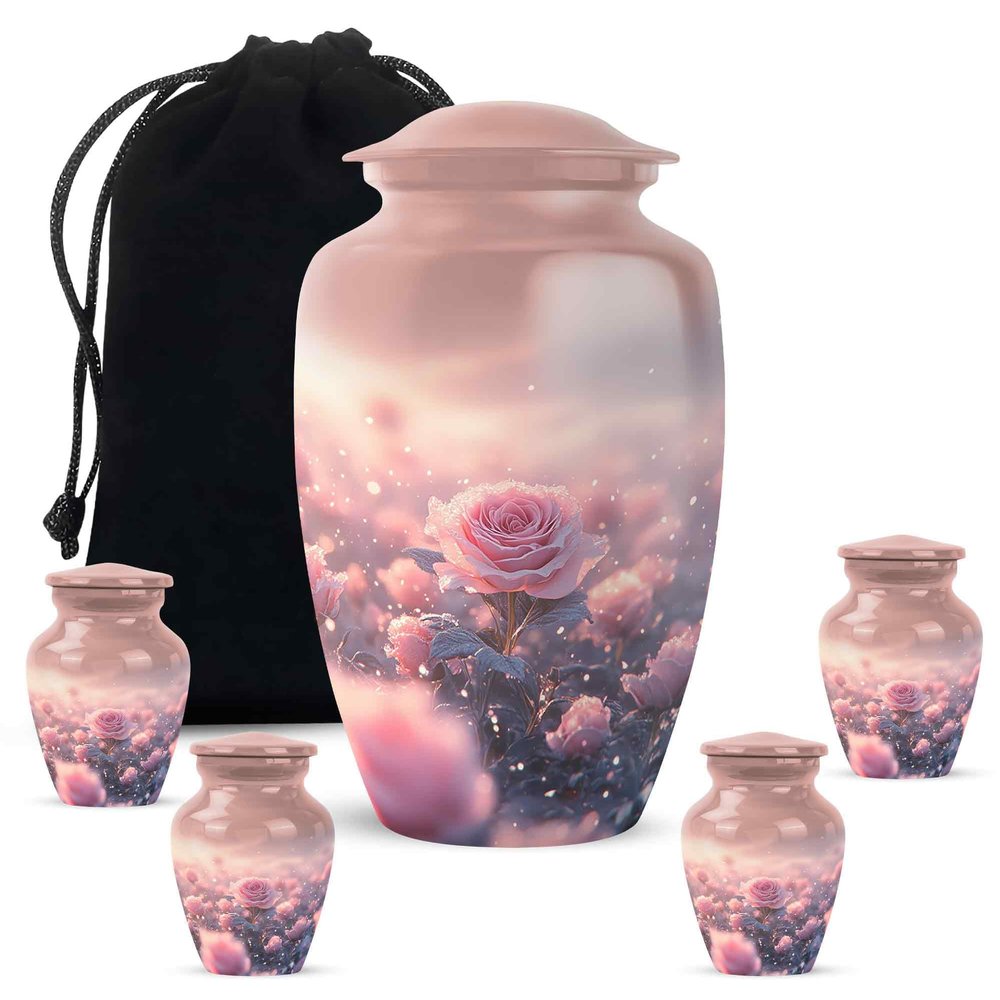YATHABHISA Rose Cremation Urns for Ashes, Memorial Gift for Brother & Sister, Funeral Urn Humming Bird for Adult Human Ash, Pink, Combo (10 Inch & 3 Inch Mini Set of 4)