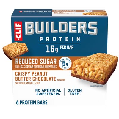 CLIF BUILDERS Protein Bars - Crispy Peanut Butter Chocolate Flavored - Reduced Sugar - Gluten Free - 16g Protein - No Artificial Sweeteners - 1.97 oz. (6 Pack)