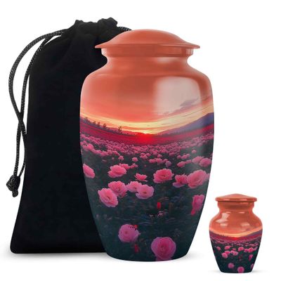 YATHABHISA Rose Cremation Urn Ash, Memorial Gift for Male & Female, Decorative for Funeral & Burial Human Adult Remains, Brown, Combo (10 Inch & 3 Inch Mini)