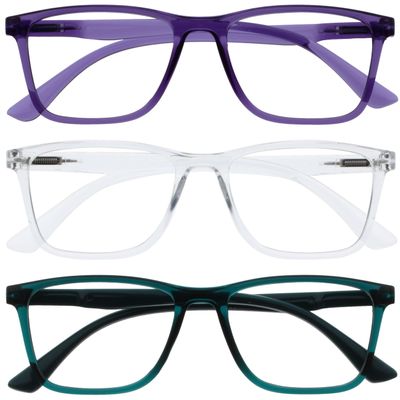 OPULIZE NYX Reading Glasses with Blue Light Blocking for Women Men, Rectangular Frame with UV & Eyestrain Protection, Anti-Glare Computer Gaming Glasses, Purple, Clear, Turquoise +3.5 (Pack of 3)