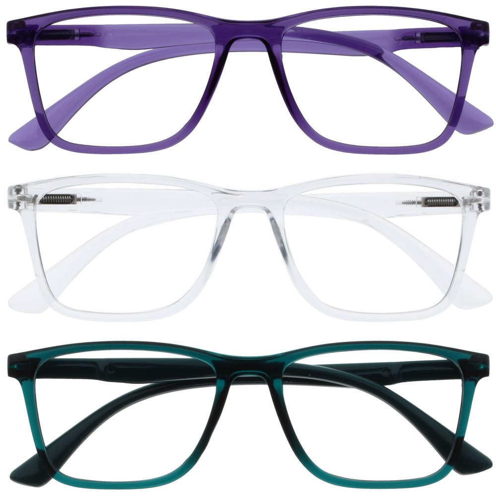 OPULIZE NYX Reading Glasses with Blue Light Blocking for Women Men, Rectangular Frame with UV & Eyestrain Protection, Anti-Glare Computer Gaming Glasses, Purple, Clear, Turquoise +3.5 (Pack of 3)