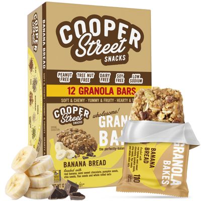 Cooper Street Granola Bakes - Soft Baked Oats, Grain & Seeds Breakfast Granola Cookie Bars - Nut & Dairy Free, Low Sodium, Healthy Lunchbox Snacks for Kids & Adults - Banana Bread - 12 Pack