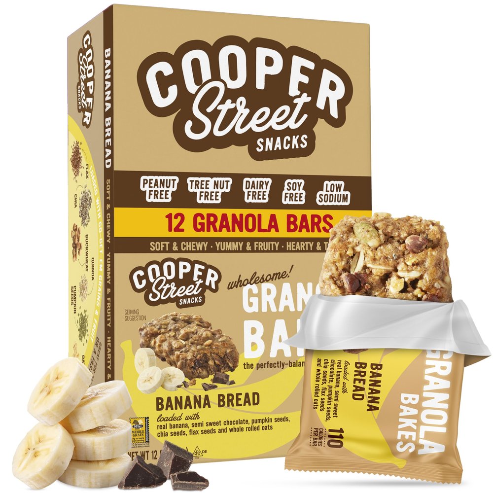 Cooper Street Granola Bakes - Soft Baked Oats, Grain & Seeds Breakfast Granola Cookie Bars - Nut & Dairy Free, Low Sodium, Healthy Lunchbox Snacks for Kids & Adults - Banana Bread - 12 Pack