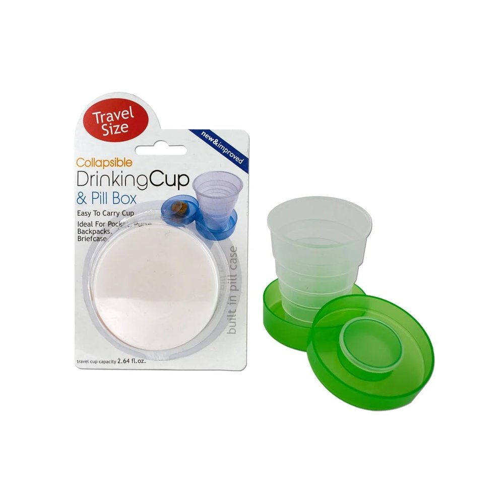 10 Pack Collapsible Drinking Cup and Pill Box, Portable Travel Accessory, 5-Section Cup, Secure Lid and Storage for Medications or Vitamins on the Go, Durable, Compact for Use, Bulk, White, Sky Blue