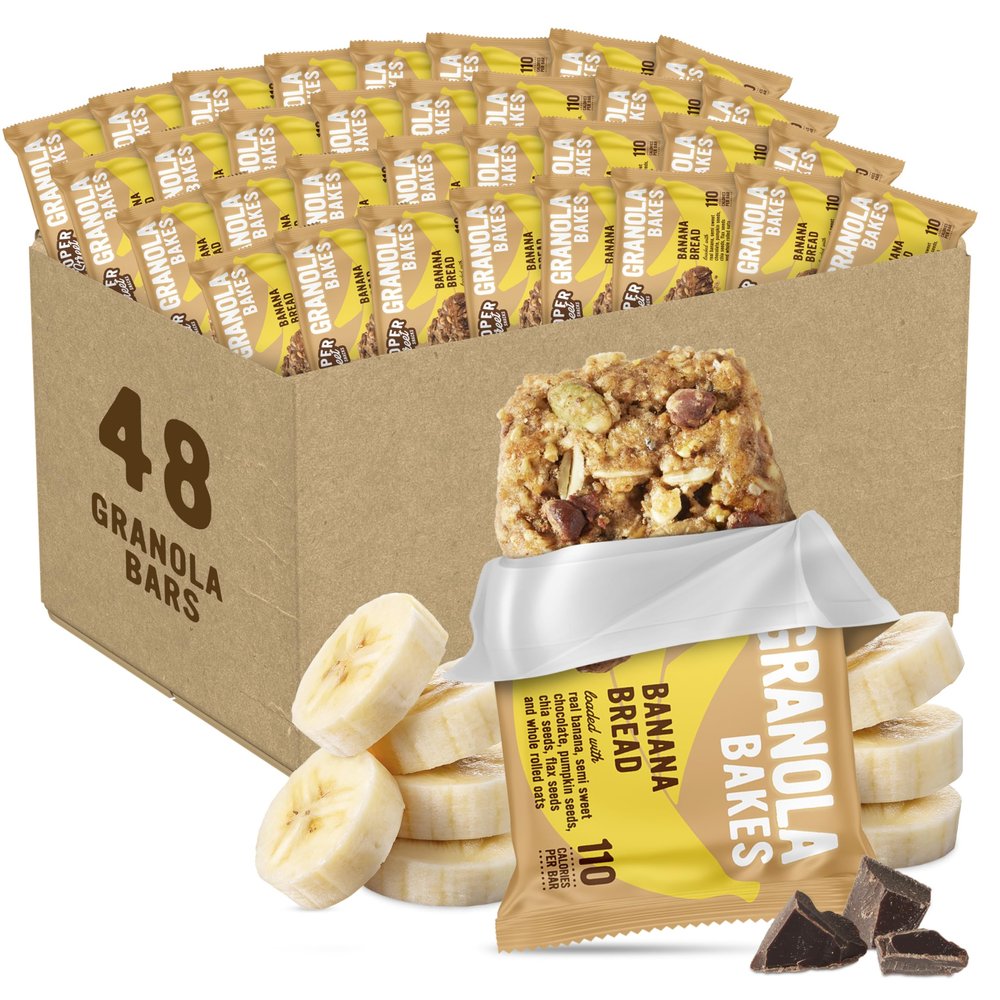Cooper Street Granola Bakes - Soft Baked Oats, Grain & Seeds Granola Bars in Bulk - Nut & Dairy Free, Low Sodium Healthy Office Breakroom & Vending Machine Snacks - Banana Bread - 48 Pack