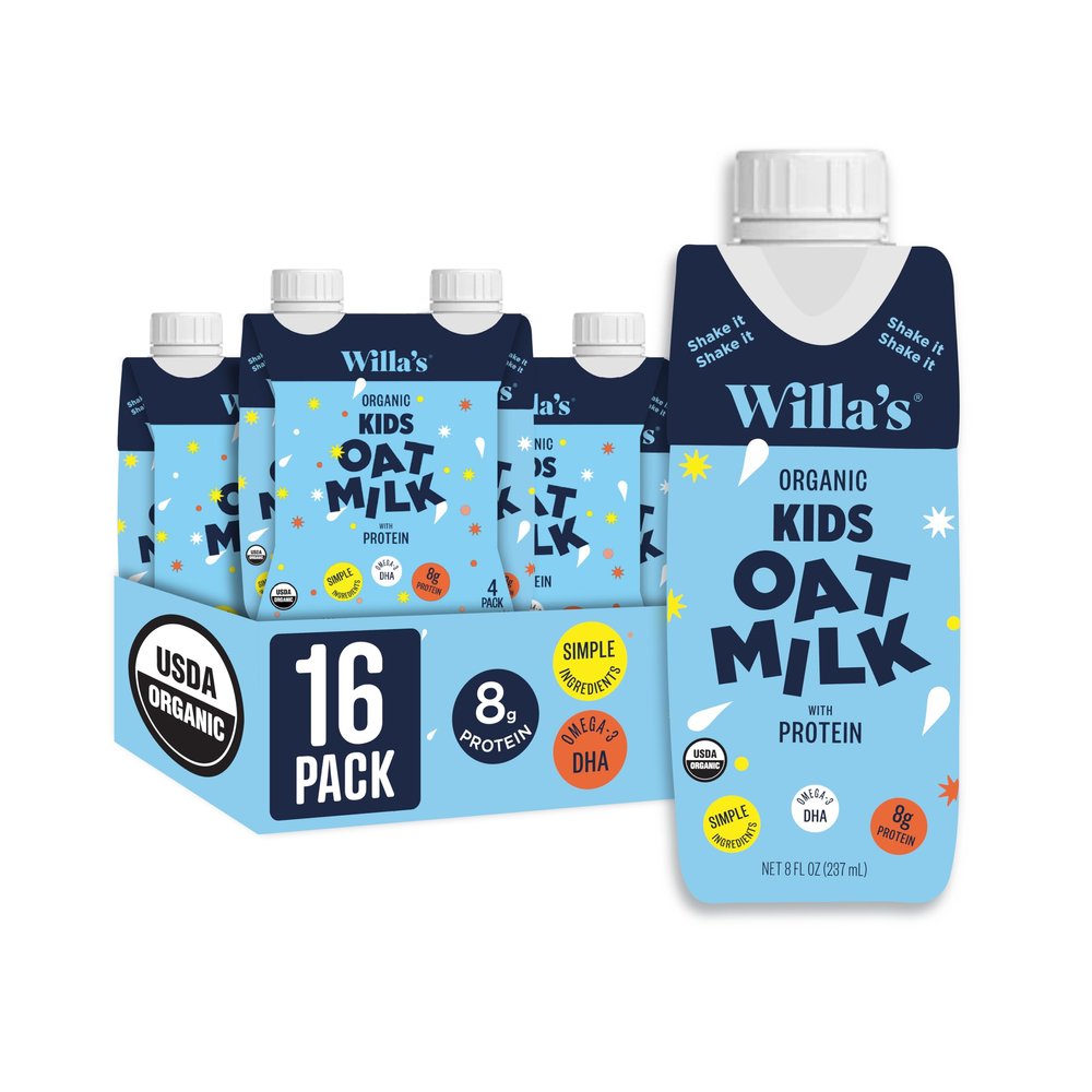 Willa's Organic Kid's Oat Milk with 8g Protein & 240g Calcium 8.25 oz - Plant-Based Milk for Kids, Dairy-Free, Bobby Approved, 2g Fiber 16 Pack