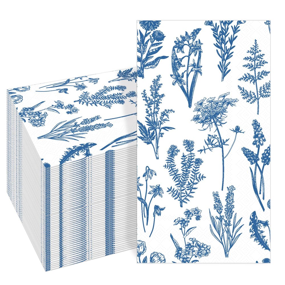 100PCS Spring Floral Napkins Disposable, Blue Chinoiserie Florals 3-Ply Paper Napkins Decorative Flower Guest Hand Towels for Bathroom Home Wedding Bridal Shower Birthday Party Napkins
