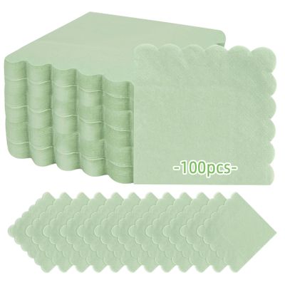 100PCS RAINFLOW Cocktail Napkins Paper- 2-Ply Sage Green Scalloped Napkins Disposable Decorative Bulk for Dinner Wedding Birthday Party Baby Shower Dessert Easter Lightweight Folded 5x5 Inches