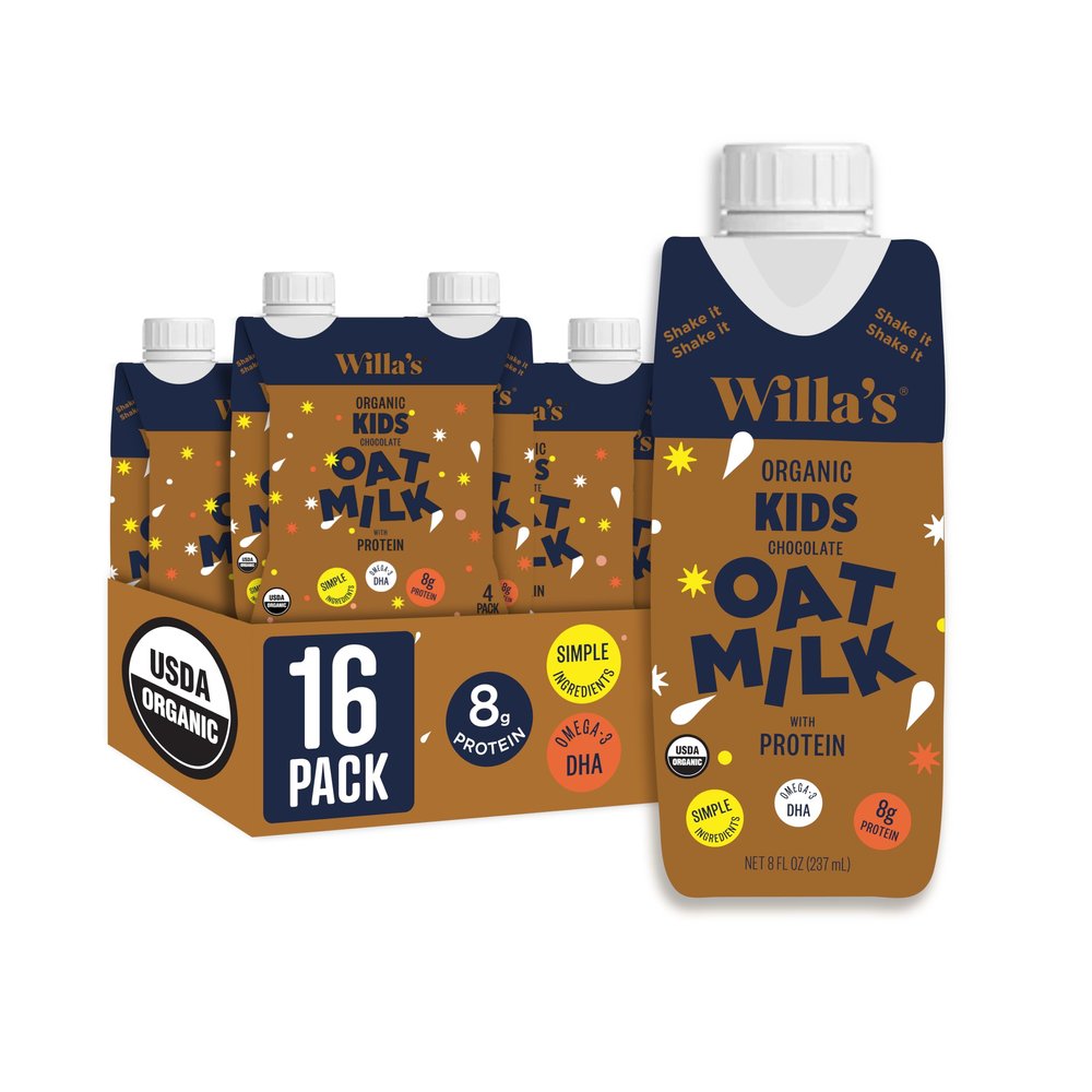 Willa's Organic Kid's Chocolate Oat Milk with 8g Protein & 240g Calcium 8.25 oz - Plant-Based Milk for Kids, Dairy-Free, Bobby Approved, 2g Fiber 16 Pack