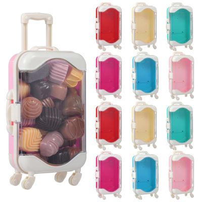 12 PCS Mini Suitcase Party Favor Boxes, Assorted Color Luggage Trolley Candy Box, Clear Small Suitcase Present Package Case, Rolling Empty Storage Box for Jewelry False Eyelash
