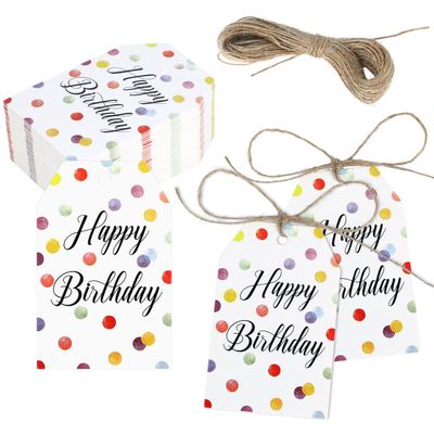 100 Pcs Happy Birthday Gift Tags with String, 3 x 2 Inch Colorful Dots Punched Hole Birthday Gift Paper Labels for Presents, Party Favors, Wish Cards