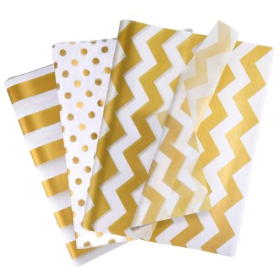 60 Sheets Tissue Paper for Gift Bags, White with Gold Strips, Waves, Dots Art Tissue Paper Bulk for Decoration DIY Crafts Birthday Wedding Packaging, 14 X 20 Inch