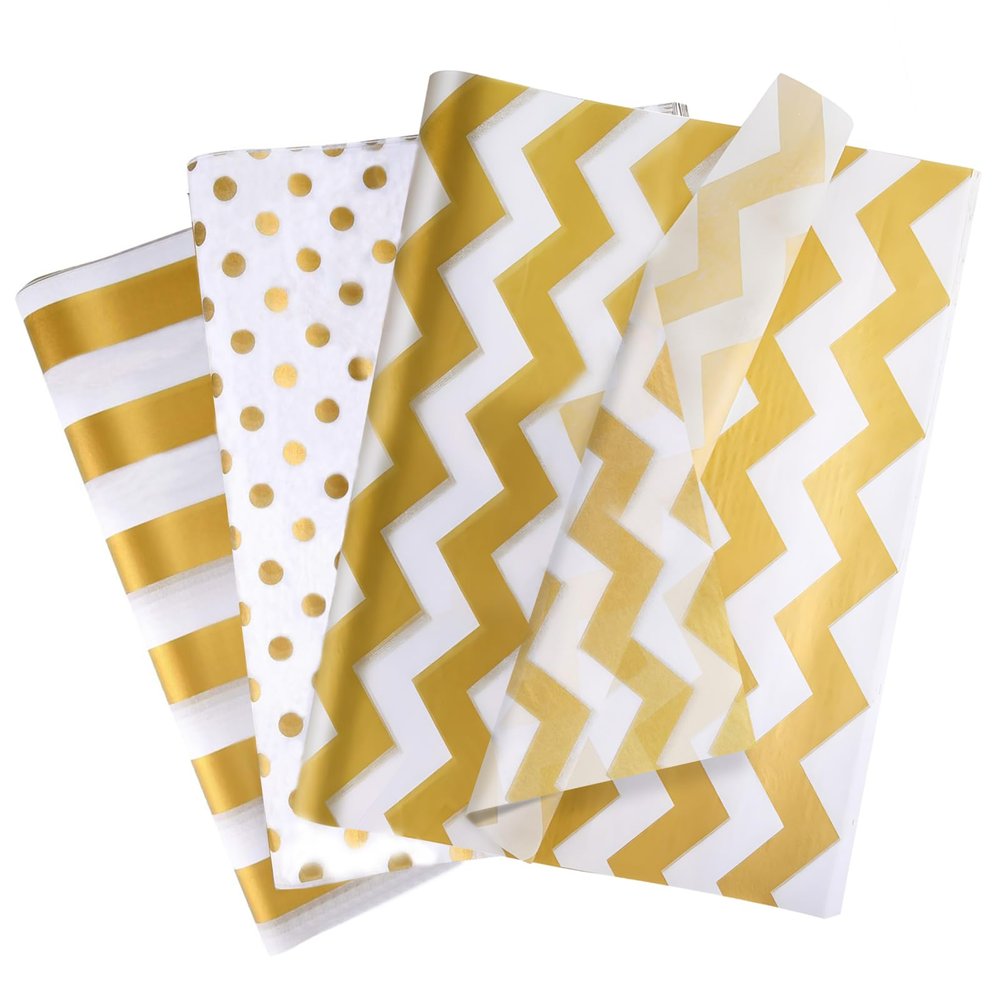 60 Sheets Tissue Paper for Gift Bags, White with Gold Strips, Waves, Dots Art Tissue Paper Bulk for Decoration DIY Crafts Birthday Wedding Packaging, 14 X 20 Inch