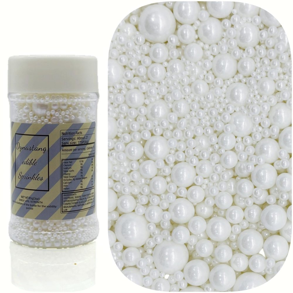 Dynastang Mixed Size White Pearls Sprinkles Edible Pearls Cake Decorating Pearls Cake Decorations Cupcake Toppers Cookie Decorating Perfect for Cakes, Cupcakes, Desserts Toppings 3OZ